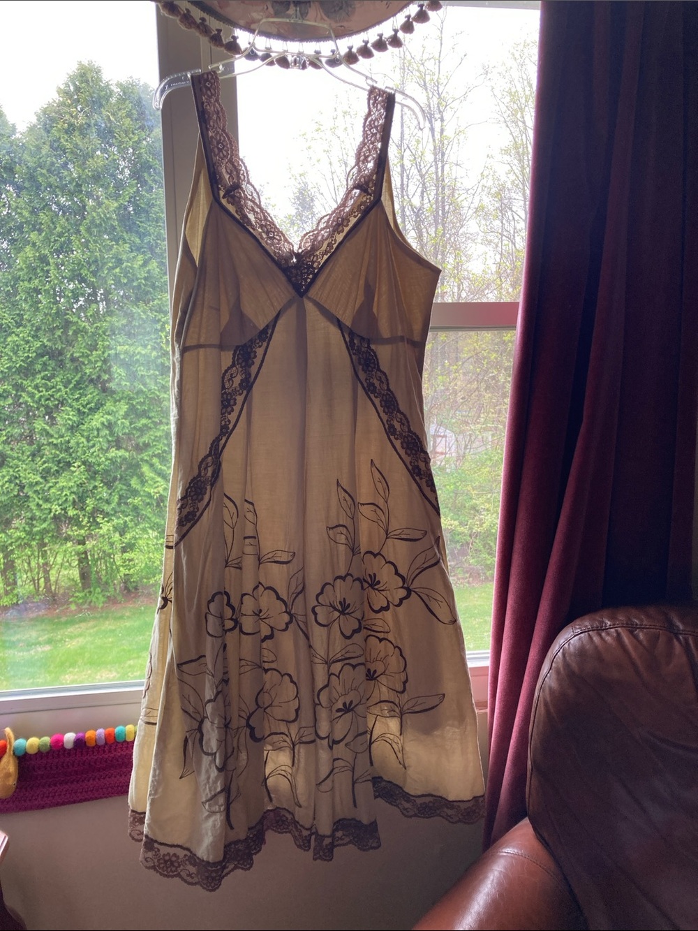 Floral Lace-Trim double lined cotton Dress in Tan with Brown Lace